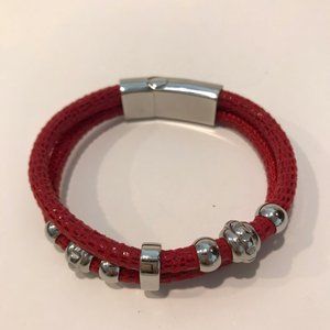 Two Strand Red Cord and Stainless Steel Spacers Bracelet Magnetic Secure Clasp